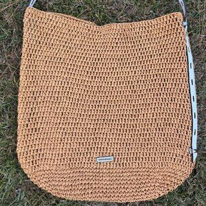 Rebecca Minkoff Woven Raffia Hobo Shoulder Bag Tan with White Leather Strap